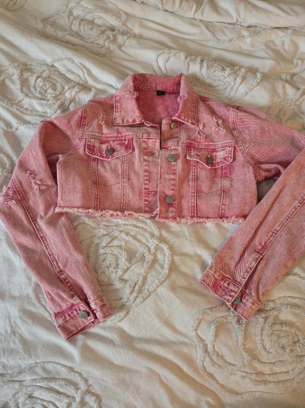 BNWOT Barbie Pink Cropped + Distressed Jean Jacket